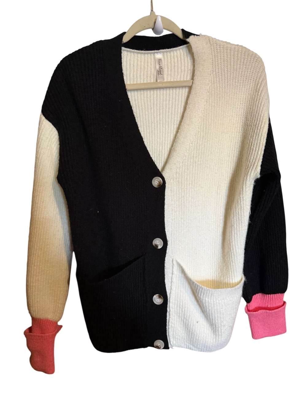 Colorblock V-Neck Ribbed Cardigan - Black, Cream & Pink Cuffs